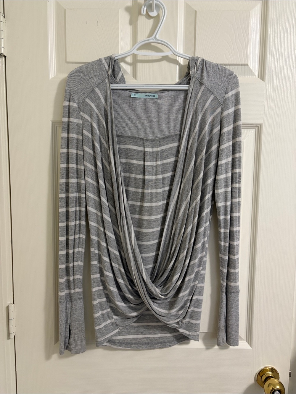 Maurices Gray and White Striped Draped Hooded Top